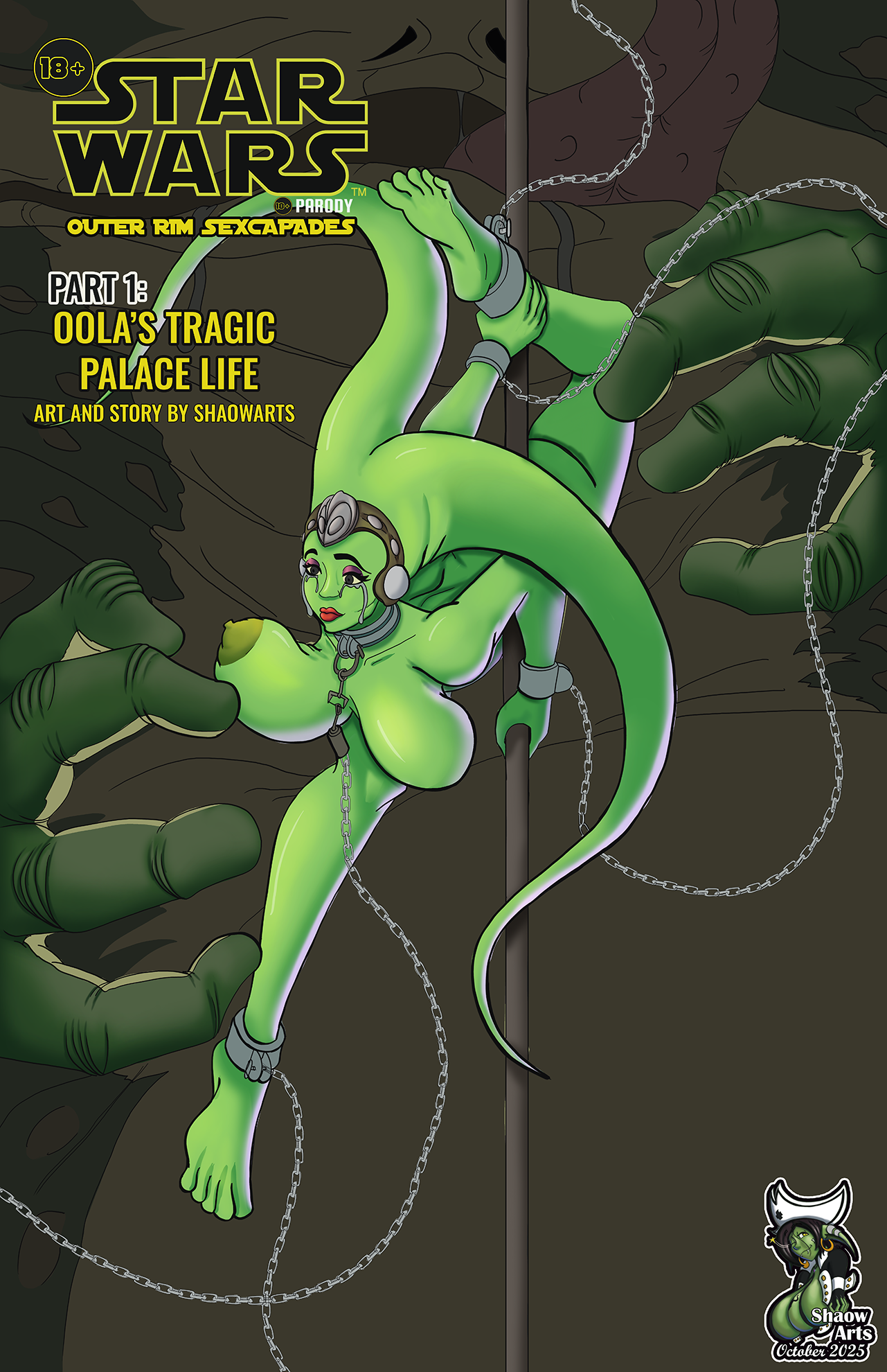 Oola Pole Dancing in the nude, her large breasts swinging profusely as she moves and left leg hugging the pole as her right leg is stretched out to showcase her flexibility. As she is dancing, Jabba's hands are reaching out to claim his sexy green prize for the night. At the top is the title of the comic, and the title of the comic series is on the left side of the cover as well.